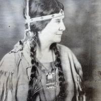 Photo from the Patterson Library Archives of Mabel Powers dressed in her Indian garb that she wore when she told Indian stories and sang songs at her Indian Fire Circle at Wahmeda on Chautauqua Lake